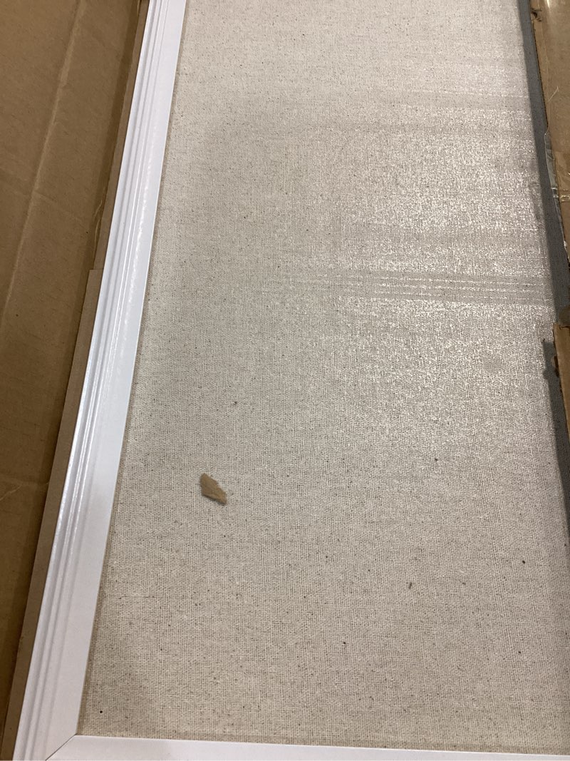 Condition photo showing As Is for u brands farmhouse linen bulletin board, 30\" x 20\", white wood frame, wall mounted pin board for home office, classroom & kitchen, includes push pins 30\"x20\" natural linen