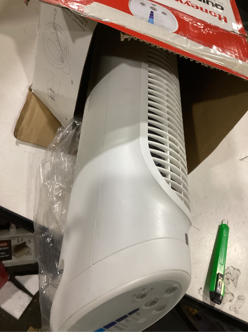 Condition photo showing As Is for honeywell quietset whole room oscillating tower filter fan with remote, white, hyf260