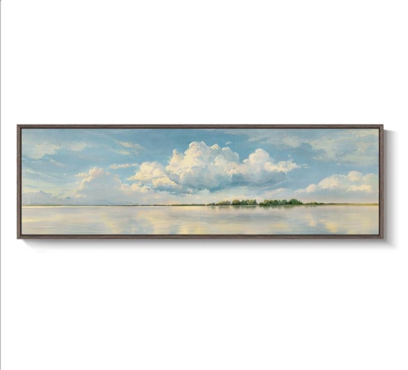 framed blue landscape canvas wall art, sky cloud artwork for walls, horizontal nature scenery painting prints for living room, bedroom, home office wall decor 16x48 inch