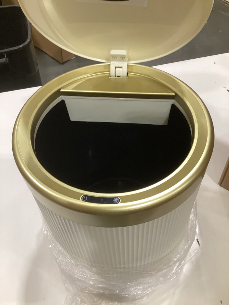 Condition photo showing As Is for 2pack automatic bathroom trash can, touchless motion sensor garbage can with lid, smart dog proof trash bin, plastic wastebasket for bedroom, office, living room, 2.8 gallon+3.7 gallon (cream white) cream white motion-senor