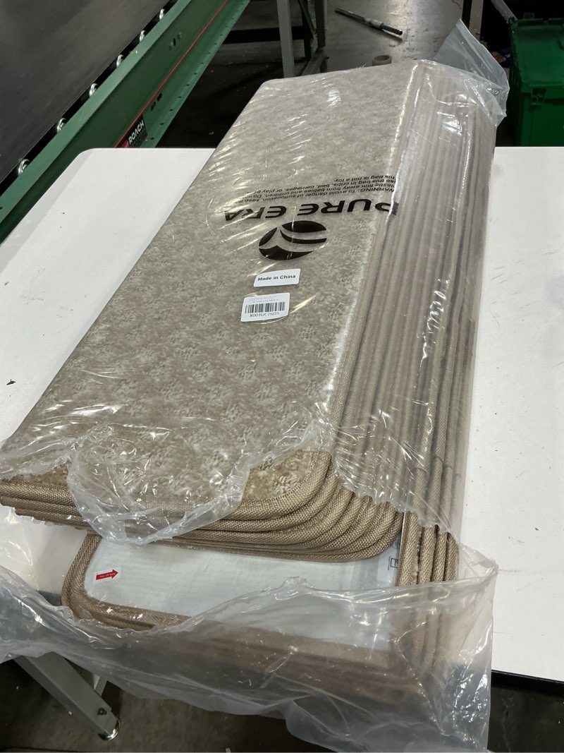 Condition photo showing Good Condition for pure era bullnose carpet stair treads tape free non-slip indoor stair protectors pet friendly stair treads for wooden steps 9.5" x 30"(14 pieces,cream gray mini-diamond trellis) cream gray mini-diamond trellis 14 pieces with bullnose