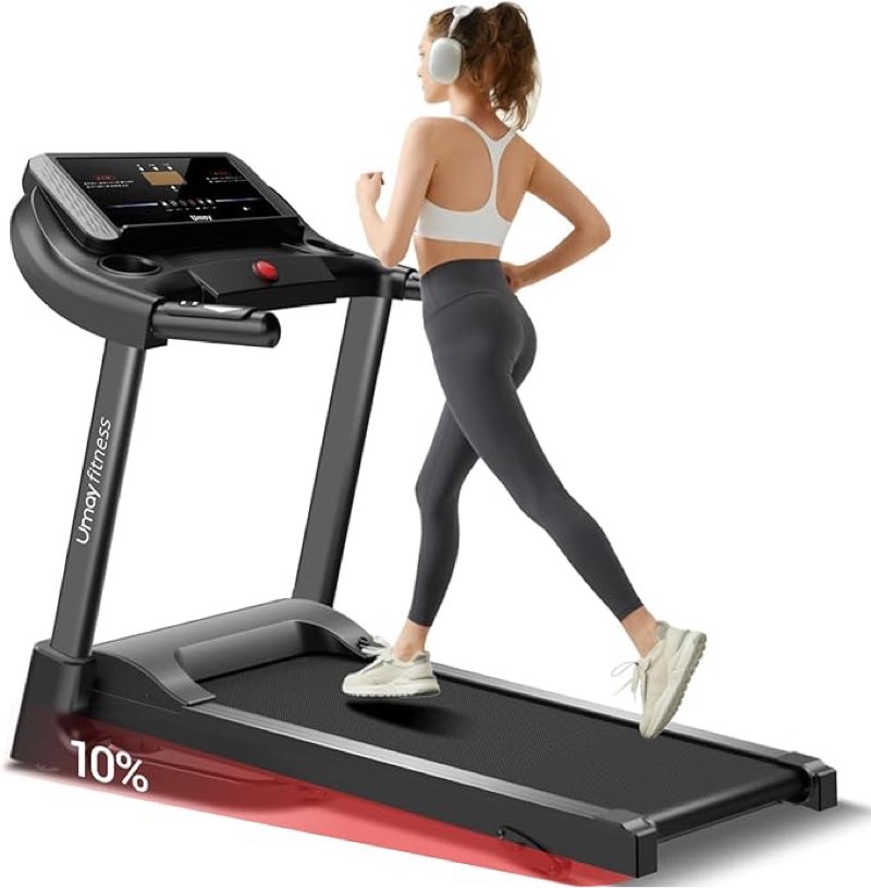 umay fitness home folding incline treadmill with pulse sensors, 3.0 hp quiet brushless, 300 lbs capacity (black or gray)