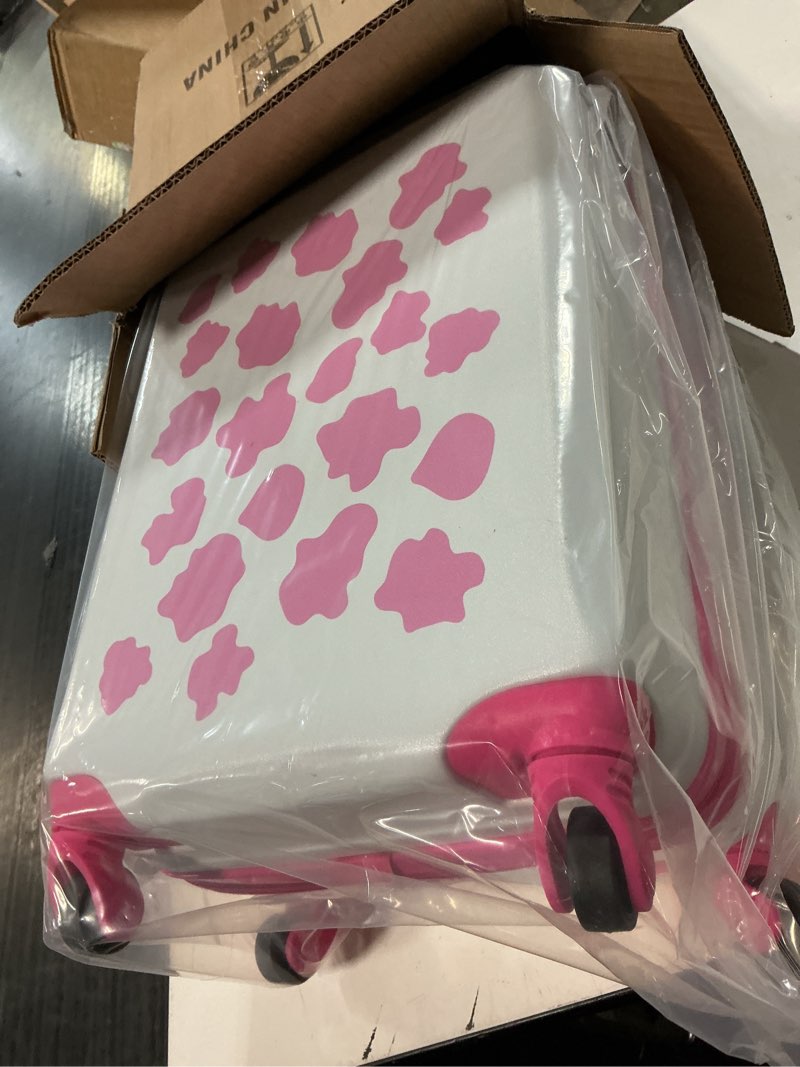 Condition photo showing New/Like New for redbaker 17 inch 6 pcs kids luggage set kids rolling luggage double pattern suitcase for boys girls (pink and white, cow point style) pink and white 17 inch cow point style