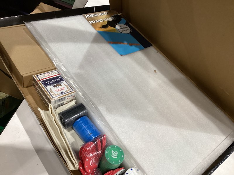 Condition photo showing Good Condition for Large 21 inches Horse Racing Board Game with 11 Luxury Metal Horses Thickened Wood Horse Race Game Board with 2 Sets of Dice,2 Boxes of Cards and 100 Poker Chips for Parties and Gambling Large Light Flame