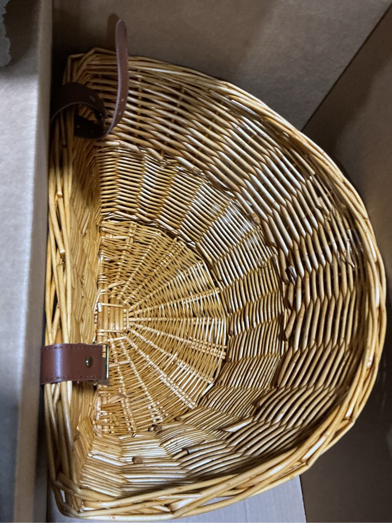 Condition photo showing Good Condition for wicker front cargo bike basket - perfect for riders of all ages and genders - for beach cruiser, stationary bike, e-bike, or road bike with stylish faux leather straps natural
