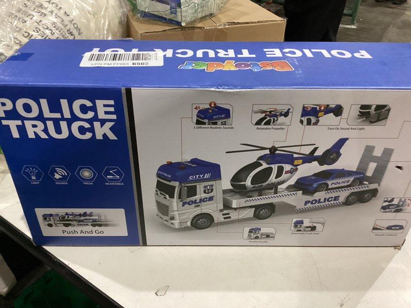 Condition photo showing New/Like New for Dwi Dowellin Toddler Boy Toys for 3 4 5 6 Year Old, 25" Semi Truck Toy with Racing Car and Helicopter - Police Toys,Birthday Gifts for Kids Child 2 3 4 5 6 Years Old Police Truck