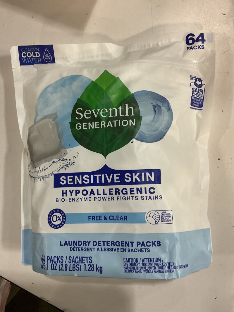 Condition photo showing New/Like New for Seventh Generation Laundry Detergent Packs, Free & Clear, Made for Sensitive Skin, EPA Safer Choice Certified, 64 Count Unscented 64 Count (Pack of 1)