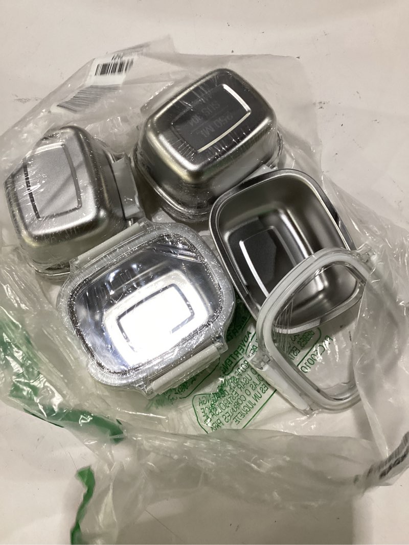 Condition photo showing As Is for stainless steel small container with lid - 5 piece 8.5oz reusable stainless steel snack containers, leakproof freezer safe metal bento box fit for portioning snacks, dips, and condiments 8.5 oz 5, incomplete