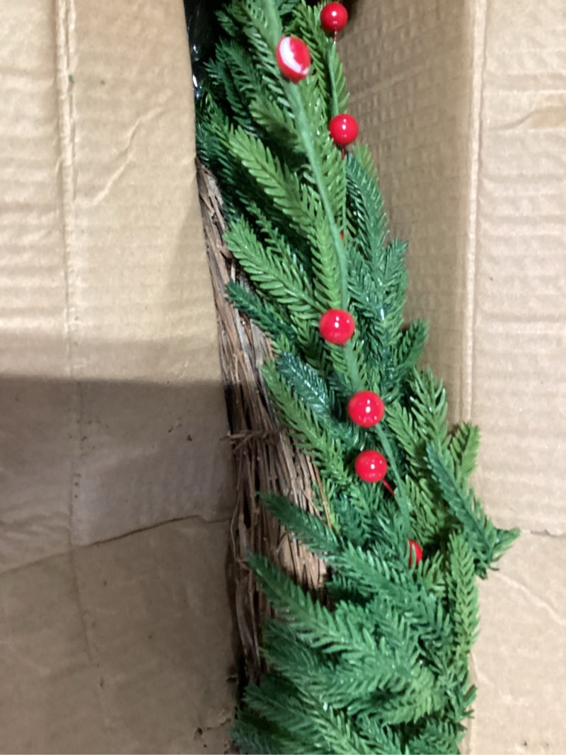 Condition photo showing As Is for Real Touch Norfolk Pine Christmas Wreath 24IN – Soft, Lifelike Artificial Pine Wreath for Indoor & Outdoor Holiday Decoration, Durable and Reusable for Front Door, Wall, and Fireplace Green