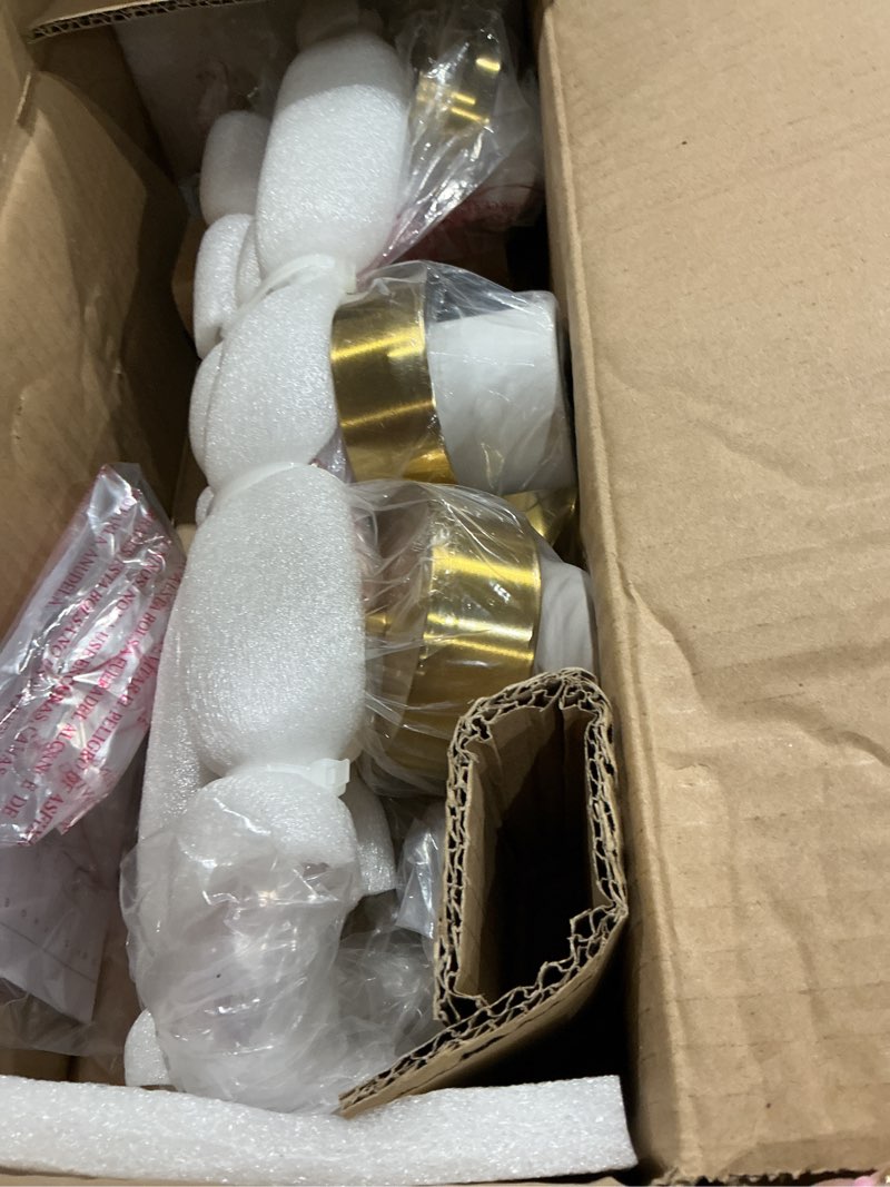 Condition photo showing As Is for bathroom light fixture, hwh 5-light bathroom vanity light brushed gold vanity lighting over mirror, modern vanity lights with frosted white striped glass, 5hzg97b-5w bg brushed gold 5-light
