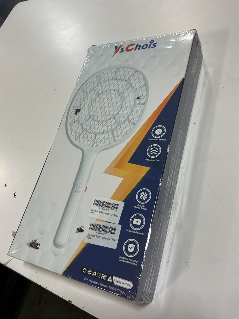 Condition photo showing New/Like New for yschois electric fly swatter, bug zapper, mosquito zapper racket | gold zone voltage, densest 3 mm mesh, apple-like weight - aa battery powered (not incl.) - indoor & outdoor, pro swat tips, 2 packs