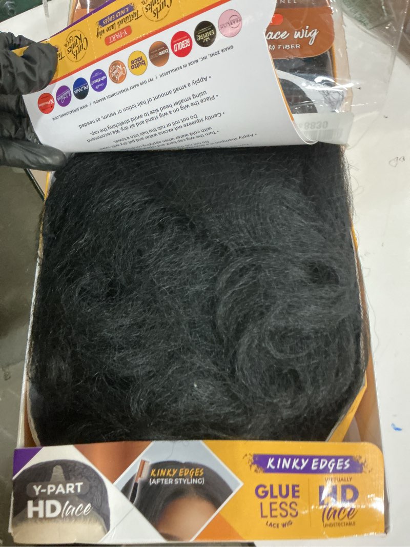 Condition photo showing As Is for sensationnel curls kinksandco kinkyedges wig - kinky roller set 16 inch y part lace natural kinkytexture edged hairline for natural 3c to 4c hair textures (1 jetblack)