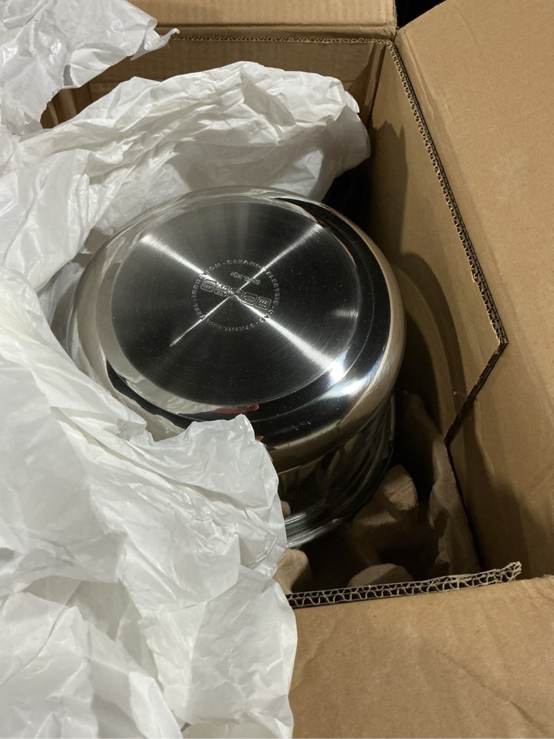 Condition photo showing As Is for t-fal secure trendy stainless steel pressure cooker, 8.5 quart, steam basket, induction, secure locking system, easy and safe opening, compatible with all cooktops, dishwasher safe, silver