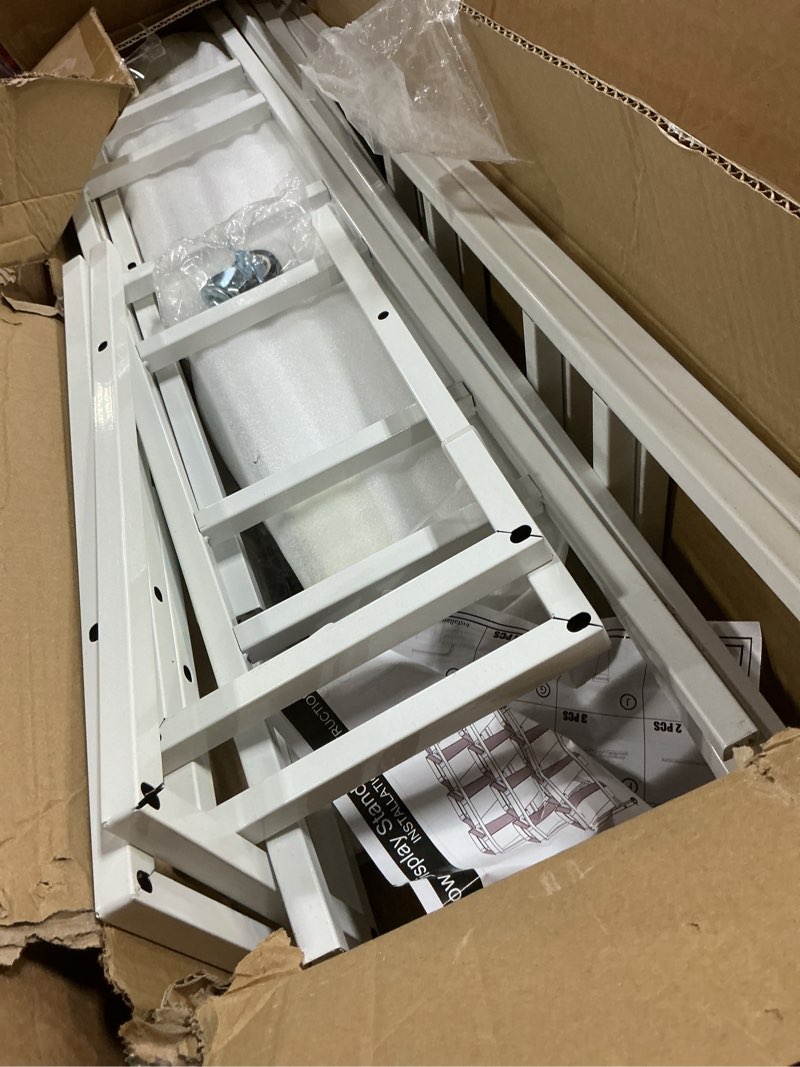 Condition photo showing Good Condition for vgmiu flower display stand with 12 buckets, flower cart 3 layers white metal flower bar stand with wheels, moving florist bouquet shelf for weddings florist indoor outdoor patio garden living room 37"l x 23.62"w x 31.5"h white