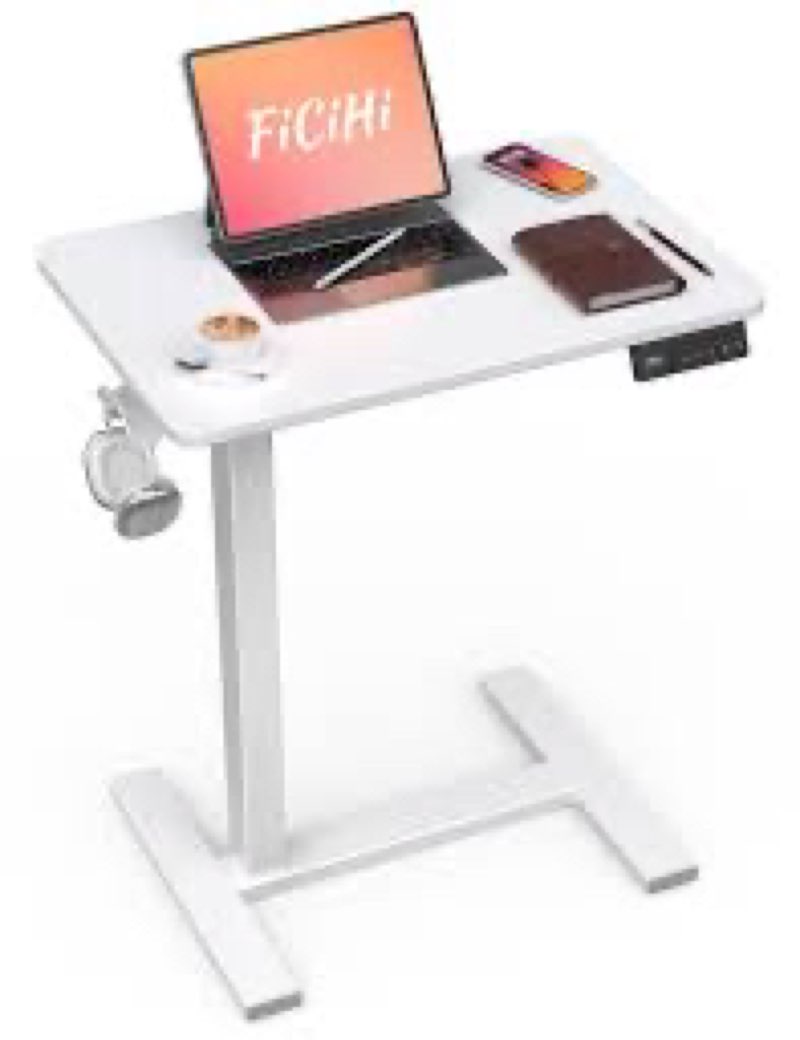Electric Adjustable Height Standing Desk - Small Sit Stand Portable Rolling Laptop Table with Hidden Wheels, Small Computer Workstation for Bedside & Home Office Use (28"x16",White)