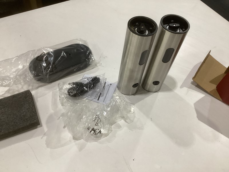 Condition photo showing As Is for electric salt and pepper grinder set, pepper and salt shakers, auto pepper mill with rechargeable base/led light/adjustable coarseness, kitchen essentials ideal for daily use & new home gift stainless steel color, used, not tested