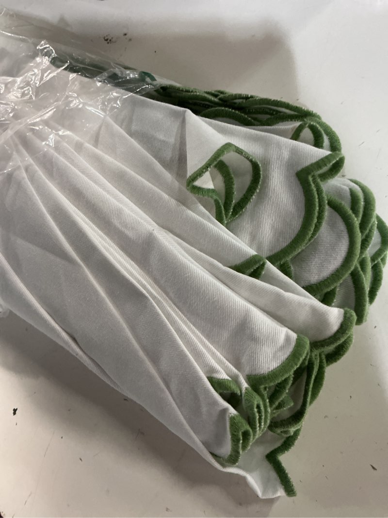 Condition photo showing New/Like New for purpleessences scalloped embroidery cloth napkins - spring easter summer - table decor - 100% cotton - set of 4-18x18 inch - white - edges - sage green 18" x 18" (set of 4) white(edges- sage green)