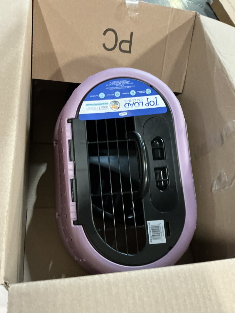 Condition photo showing As Is for Petmate Top Load Cat Kennel Dog Crates for Small Dogs & Cat Carriers, One-Door Plastic Pet Kennel, Top Loading, Made in USA, 19", Purple One-door 19.0"L x 12.5"W x 10.8"H PURPLE