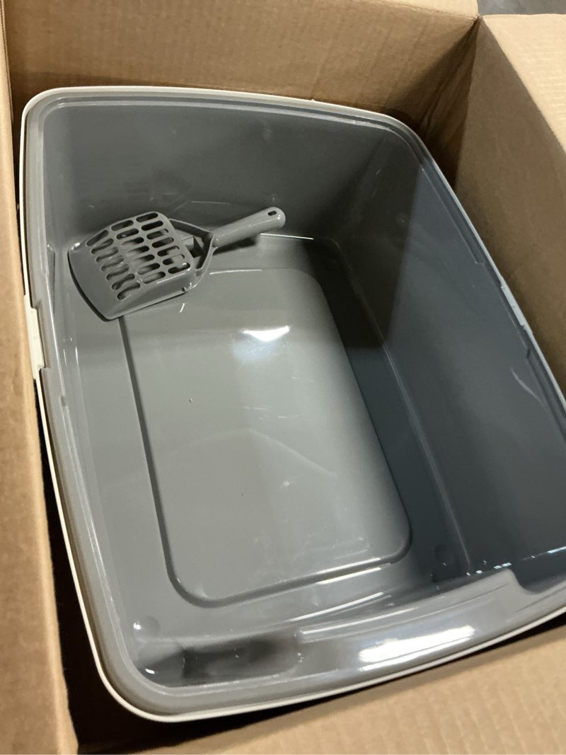 Condition photo showing As Is for amazon basics large cat litter box with high sides, open top for easy access, includes scoop with storage, 19" x 15" x 11.75", grey/beige grey/beige open top