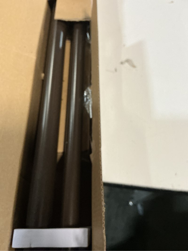 Condition photo showing New/Like New for 1 inch heavy duty double bay window curtain rods,36-72 inch center rod for window (24 to 68 inch), 20-36 inch side rods for windows (16-32 inch), antique bronze, end cap finials antique bronze 36-72"