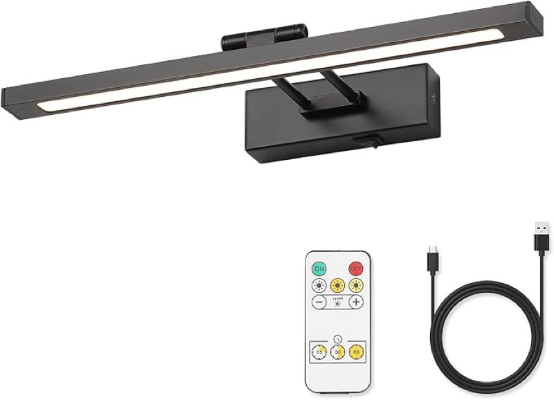 Picture Light Battery Operated with Remote, LED Black Art Lights for Paintings Rechargeable Dimmable and Timer, 15.5in Wall Sconce for Art Painting Gallery Adjustable Swing Arm for Display