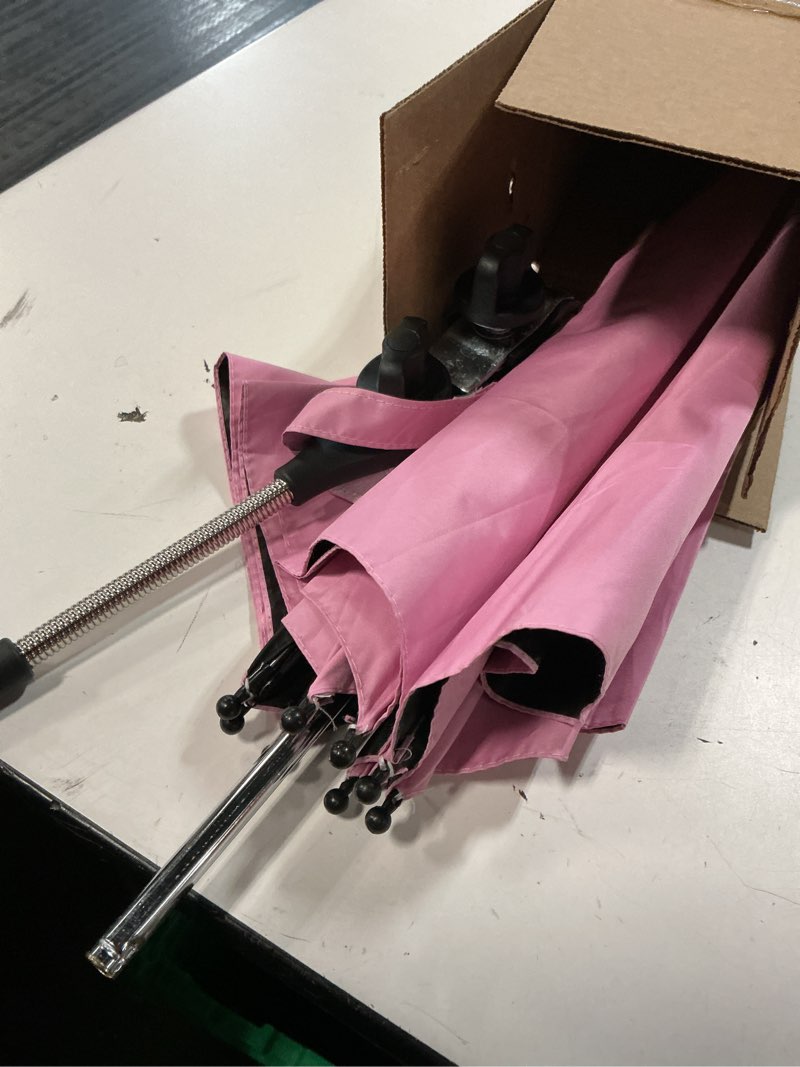 Condition photo showing As Is for baby stroller parasol, universal umbrella with clamp, 360 degree adjustable uv protection stroller sun shade, waterproof umbrella for trolley, bike, wheelchair, beach chair pink