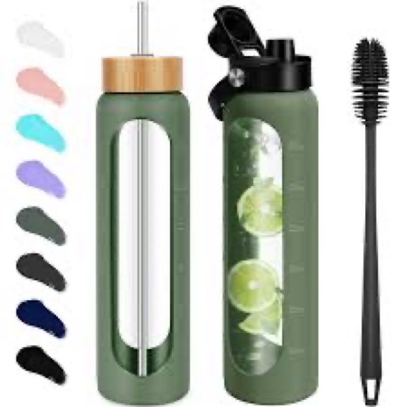 fulbevy 32 oz glass water bottles - 1 liter motivational tumbler with time marker - borosilicate gla