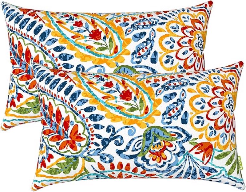 LVTXIII Set of 2 Patio Lumbar Pillows, 12”x20” Fade Resistant Outdoor Lumbar Pillow with Inners, Fluffy Decorative Garden Lumbar Cushions for Home Patio Coach Sofa Use, Damask Green 