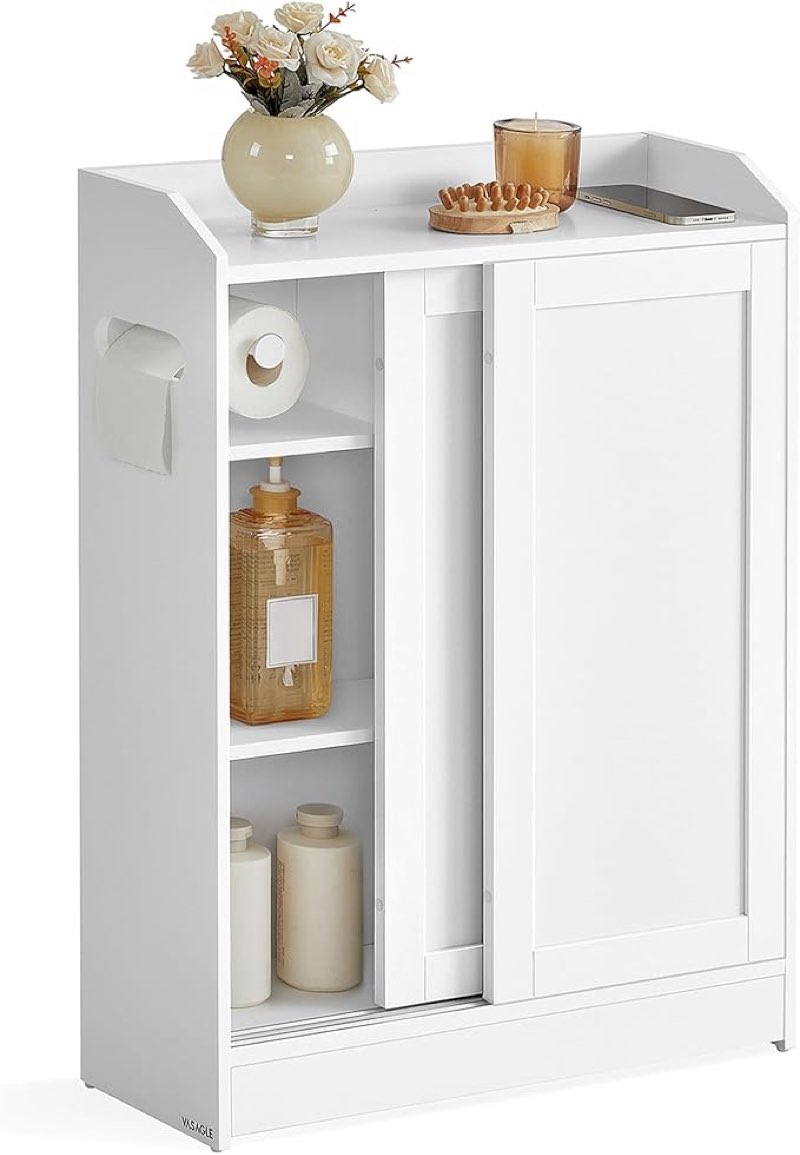vasagle narrow storage cabinet, slim floor cabinet with sliding doors, toilet paper holder and brush compartment, for bathroom and living room, 7.9 x 23.6 x 31.5 inches, cloud white ubbc752w01