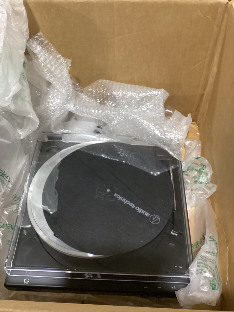 Condition photo showing Good Condition for audio-technica at-lp60x-bk fully automatic belt-drive stereo turntable, black, hi-fi, 2 speed, dust cover, anti-resonance, die-cast aluminum platter black wired turntable