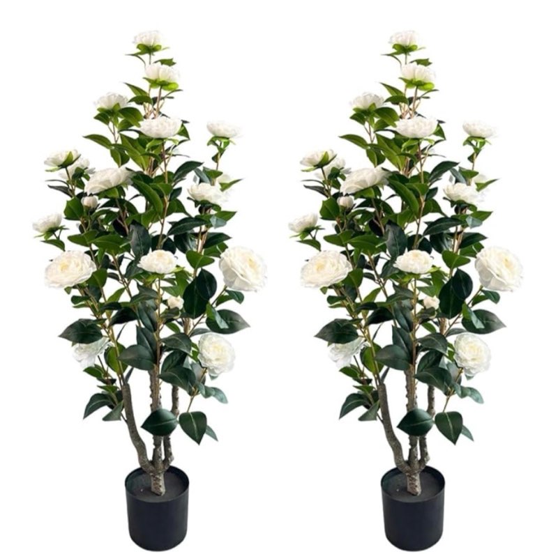 3.4ft Artificial Camellia Tree | White Flowers & Green Leaves | Indoor Outdoor Decor, No Maintenance (2 Pack - White)