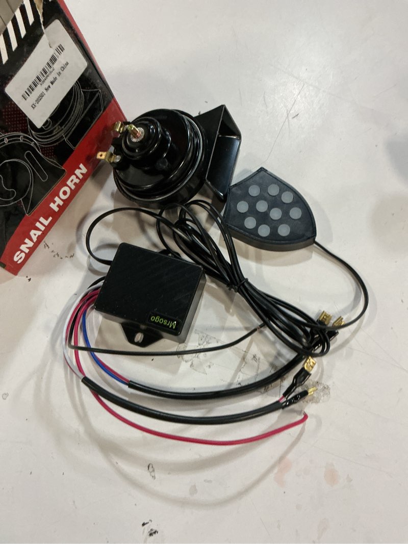 Condition photo showing As Is for (only 1)musical car horn with controller 12v motorcycle horns high/low tone metal dual horns kit waterproof with cars, motorbike,pickup. alternative electronic components for cars and truck(10-tone)