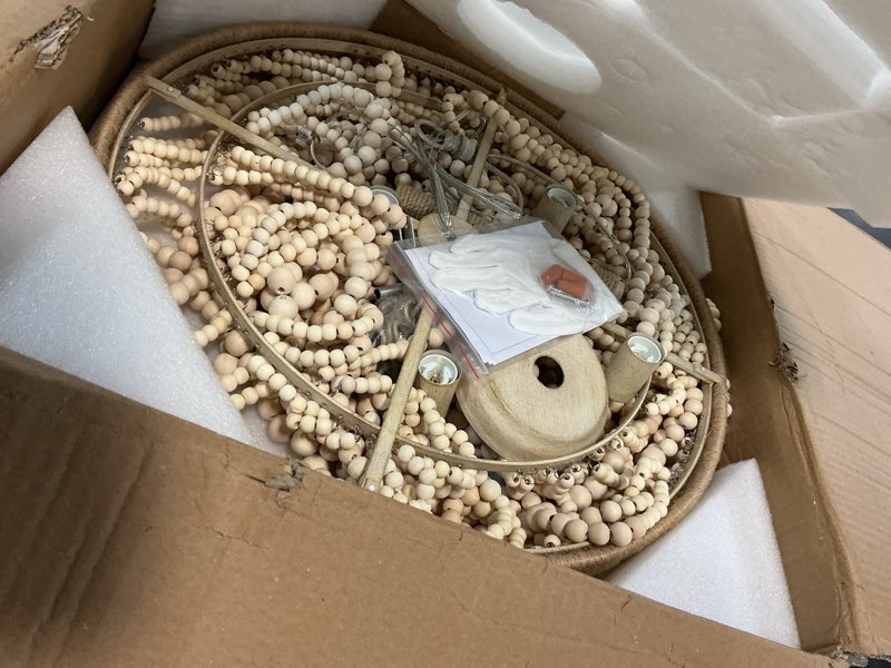 Condition photo showing As Is for q&s boho wood beaded chandelier,farmhouse coastal large bohemia 5 lights for dining room kitchen living room entryway foyer hotel w19.9 ul listed wooden