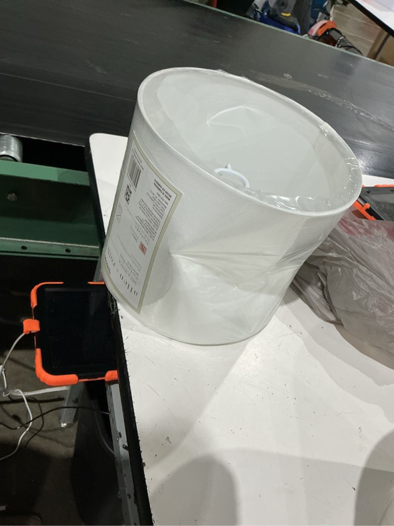 Condition photo showing As Is for allen + roth 8-in x 9-in white fabric drum lamp shade