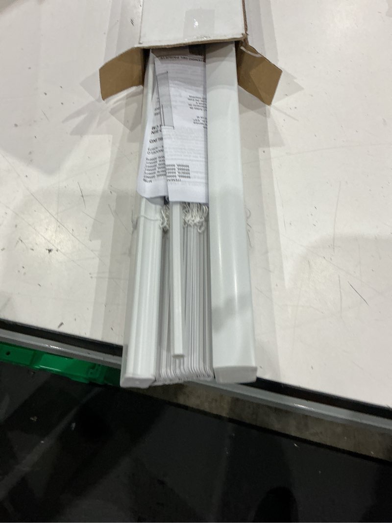 Condition photo showing As Is for project source room darkening 1-in slat width 34-in x 64-in cordless white vinyl room darkening mini-blinds