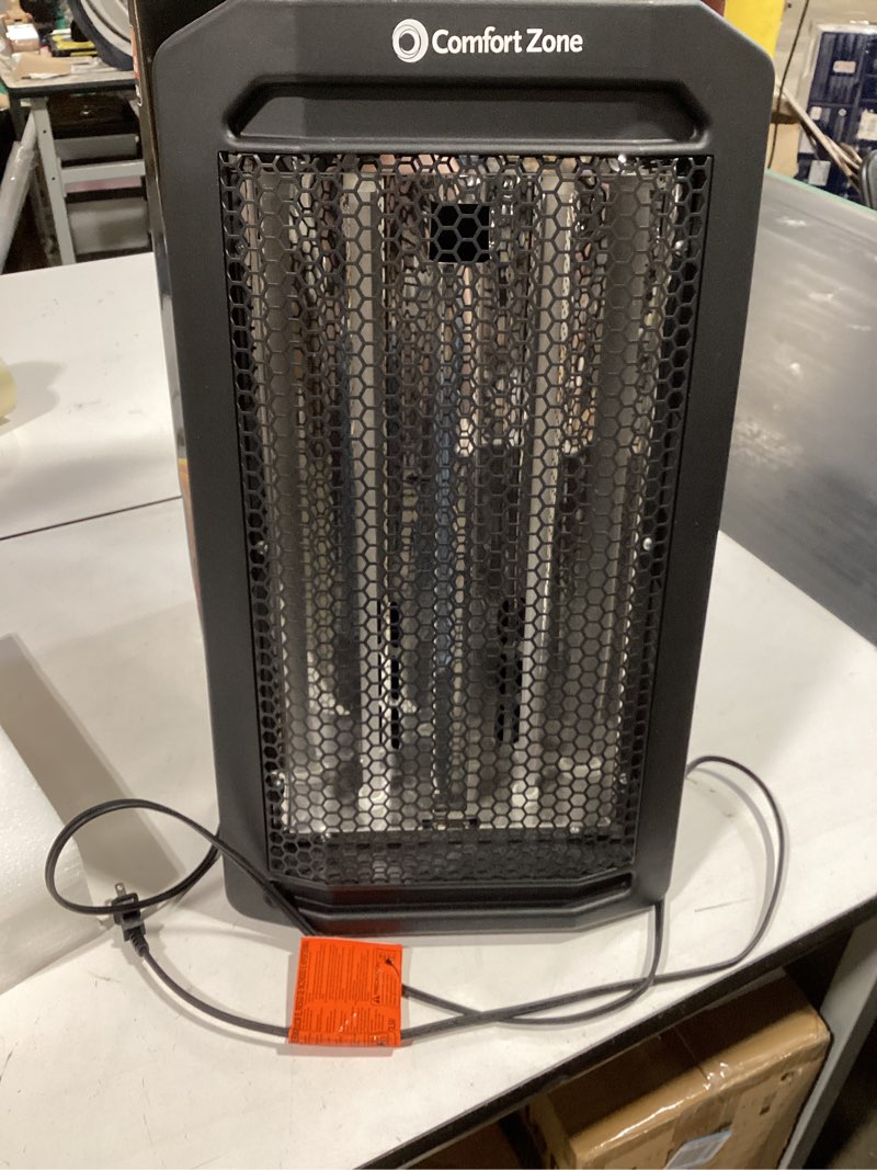 Condition photo showing Good Condition for 1500-watt black 4 element electric halogen tower space heater with adjustable thermostat