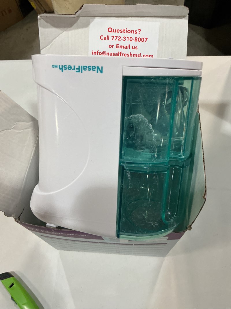 Condition photo showing As Is for nasalfresh md - dual powered nasal irrigation system nasal rinse and wash - sinus decongestant relief system w/ 30 saline packets - rechargeable - multi-user, 2 sets of nose pillows - snoring remedy standard