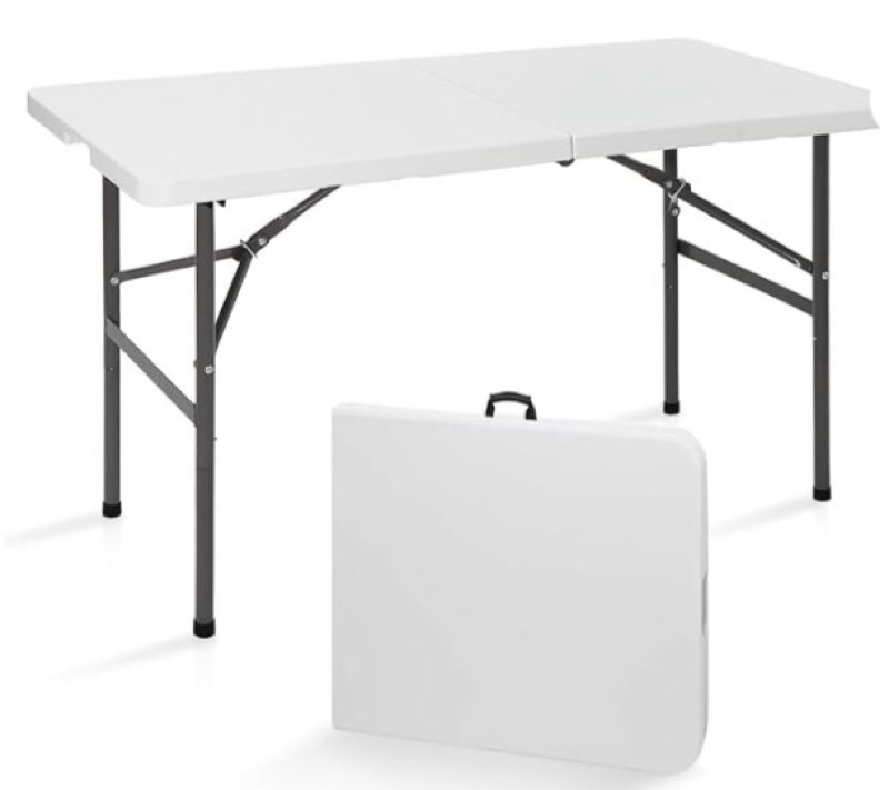 SUPER DEAL Portable 4 Foot Plastic Folding Table, Small Indoor Outdoor Heavy Duty Fold-in-Half Picnic Party Camping Barbecues Table with Carrying Handle, White