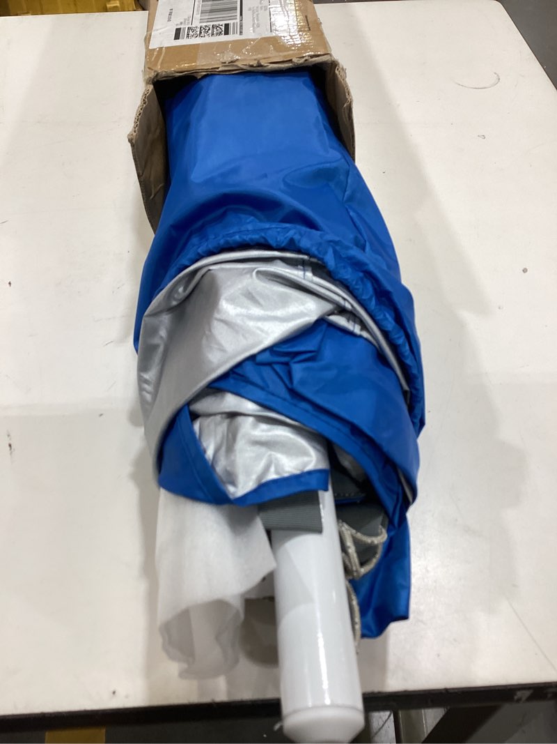 Condition photo showing As Is for lottafun beach shelter umbrella,premiere upf 50+ umbrella shelter with patented side panels and tilt mechanism, heavy-duty center pole, anchor for sand and grass vertical blue stripe
