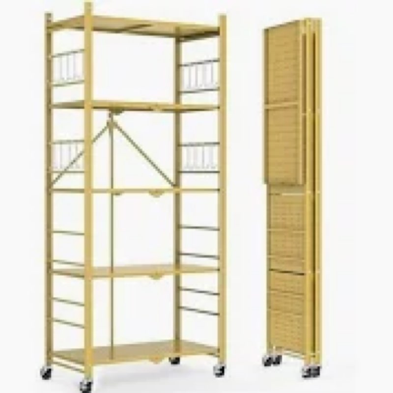 Himix Storage Shelves with 20 Hooks, 5-Tier Collapsible Organization Storage Rack Bookshelf Folding Pantry Shelves Cube Shelf Wire Shelving Holds 440 Ibs for Garage Kitchen Room, Black 5-Tier gold