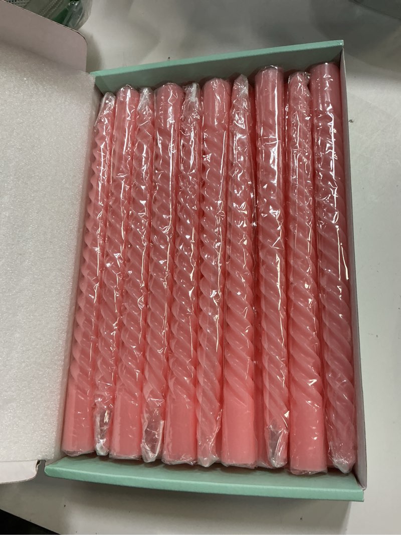 Condition photo showing New/Like New for 20 Pack 10 Inch Pink Spiral Taper Candles for Holiday Home Decoration, Unscented Dripless Twisted Candlesticks for Dinner Party Wedding Valentines Day Baby Shower and Easter
