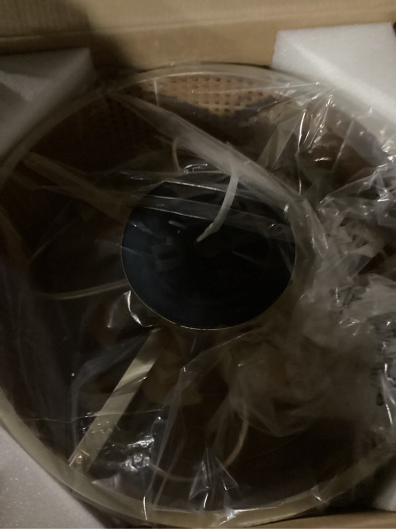 Condition photo showing As Is for Boho Caged Ceiling Fan with Light, 20'' Rattan Flush Mount Ceiling Fan with Light and Remote Control for Bedroom Kitchen Living Room Gold Rattan Caged Ceiling Fan with Light