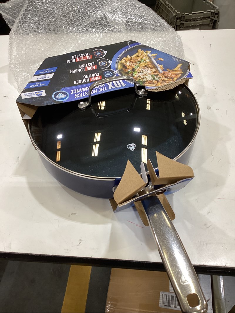 Condition photo showing Good Condition for blue diamond 5qt saute pan with lid, non toxic pfas-free diamond ceramic nonstick, dishwasher & oven safe, metal utensil safe, deep jumbo cooker skillet with helper handle, glass lid, blue blue 5 quart saute pan with lid