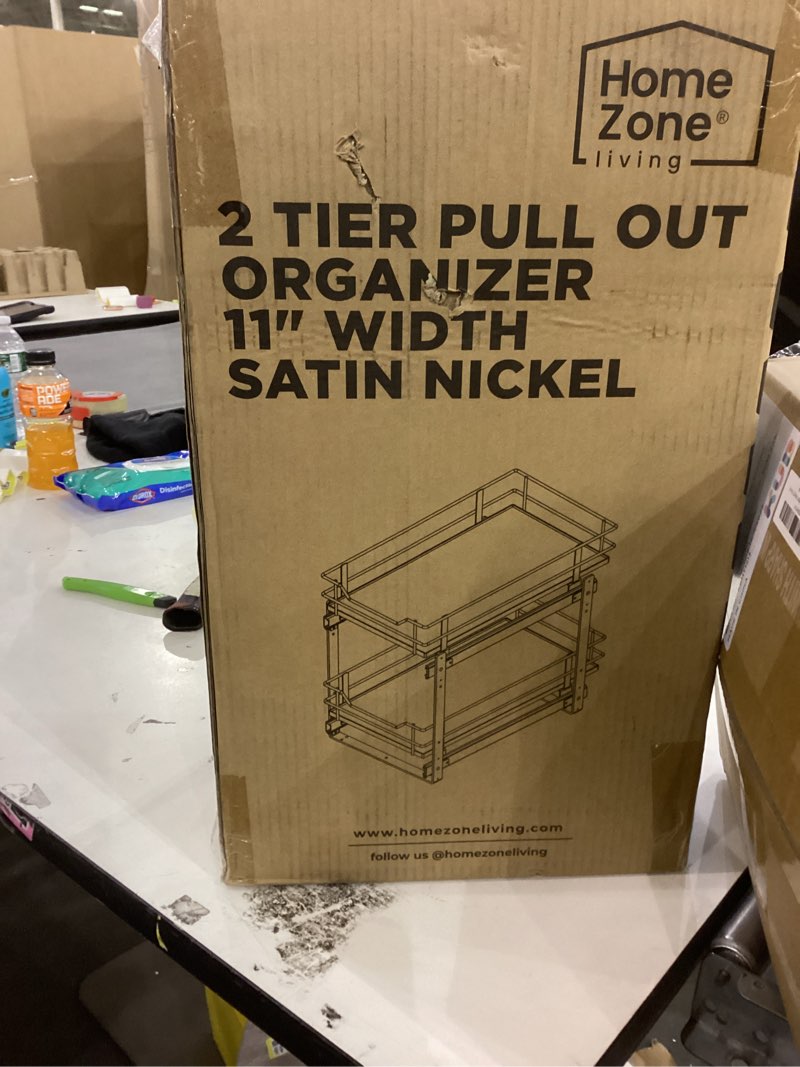 Condition photo showing New/Like New for Home Zone Living Pull Out Kitchen Cabinet Organizer with 2 Tiers of Storage for Easy Access, 12”W x 20”D, Satin Nickel With Light Brown, Virtuoso Collection 2 Tier | 12" Width Satin Nickel