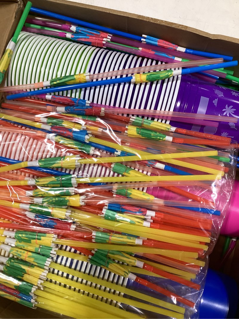 Condition photo showing As Is for hoolerry 120 pcs 16 oz hawaiian luau party decorations tropical cups with umbrella straws disposable plastic tiki coconut beach design for hawaiian luau birthday party supplies