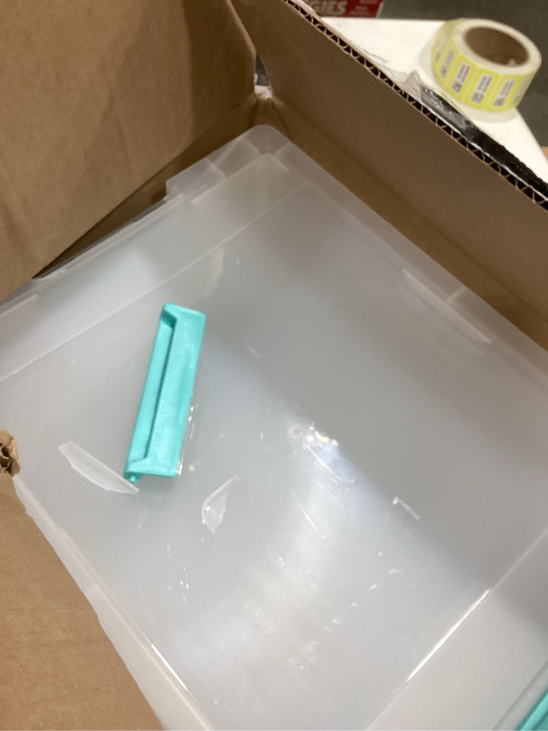 Condition photo showing As Is for IRIS USA 6 Qt. Storage Bins with Lids, 4-Pack, |Made in USA|, Small Plastic Craft Container Sensory Totes for Art Supplies, Paper, and Office, Stackable - Clear 6 Qt. - 4 Pack