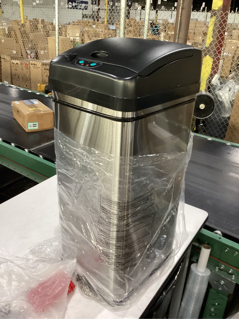 Condition photo showing As Is for **missing wheels**  itouchless rolling 13 gallon sensor kitchen trash can with lid and wheels, odor filter, stainless steel, automatic kitchen trashcan garbage bin for home office bedroom living room garage wastebasket silver and black