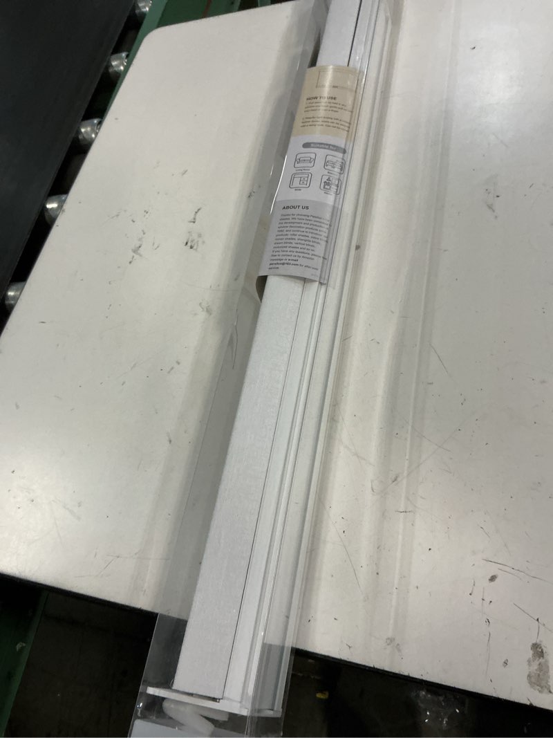 Condition photo showing As Is for persilux 100% blackout roller blinds, free-stop cordless blinds for indoor windows, thermal insulated striped jacquard fabric blackout roller shades for sliding glass doors home, white 28" w x 72" h 28"w x 72"h white-100%blackout