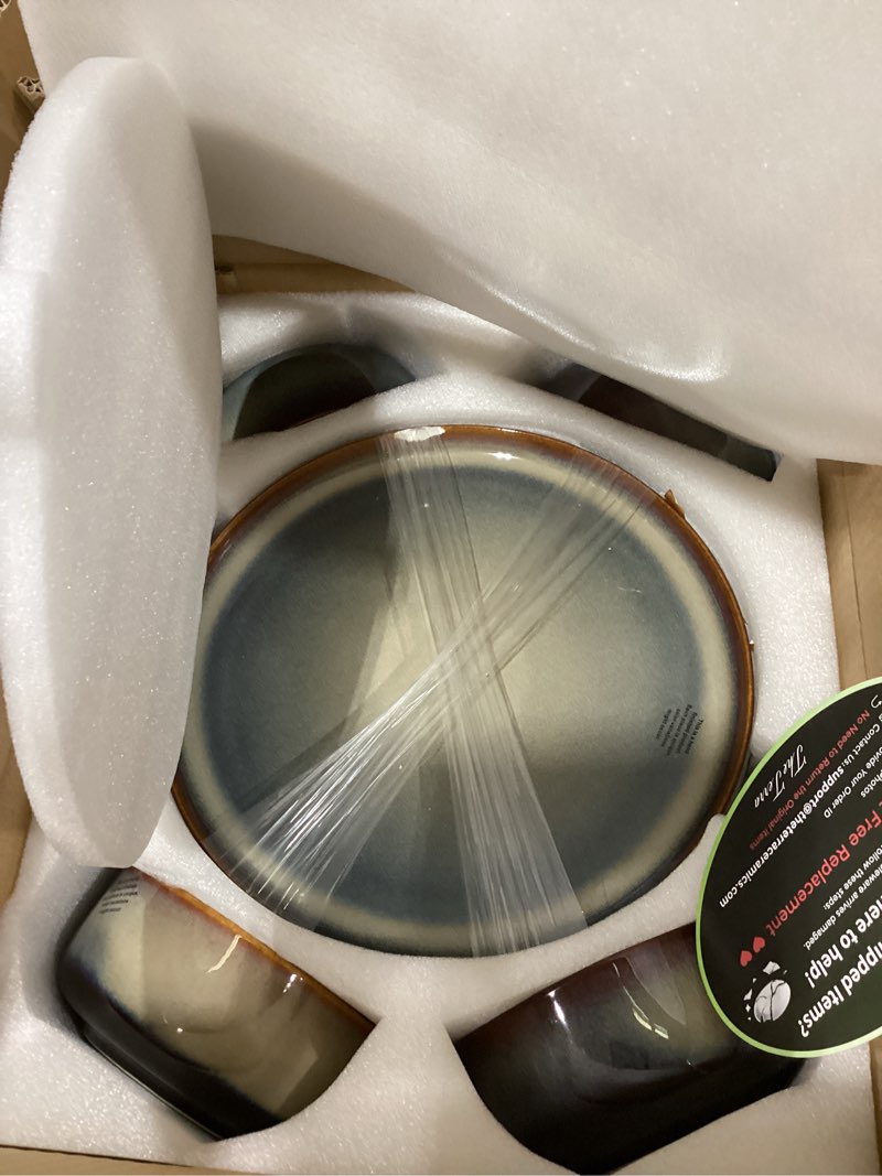Condition photo showing As Is for theterra ceramic dinnerware sets for 8, 24 pieces handmade reactive glaze plates and bowls set, scratch resistant dish set, oven & microwave & dishwasher safe, coca mocha coca mocha service for 8