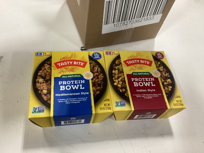 Condition photo showing Good Condition for Tasty Bite Bowls Variety, Pack of 6, Mexican Protein, Mediterranean Protein, Indian Protein, Chickpea Biryani, Smoky Paneer Biryani, Vegetable Biryani